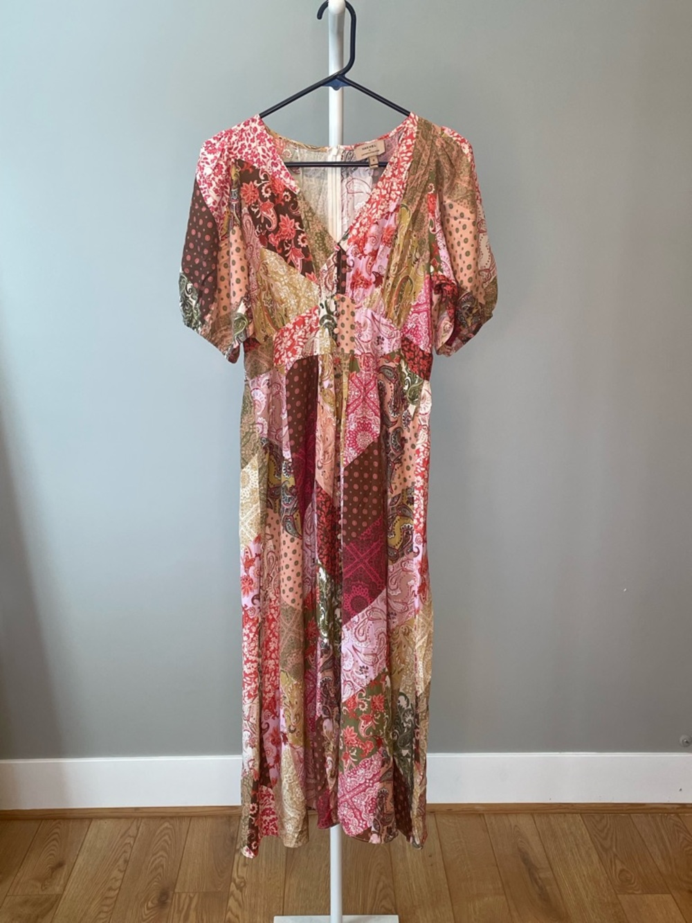 Kachel x Anthropologie 100% Silk Boho Patchwork Maxi Dress in Pink/Brown NWOT